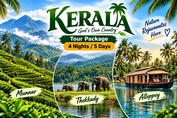 Kerala tour poster featuring Munnar, Thekkady and Alleppey