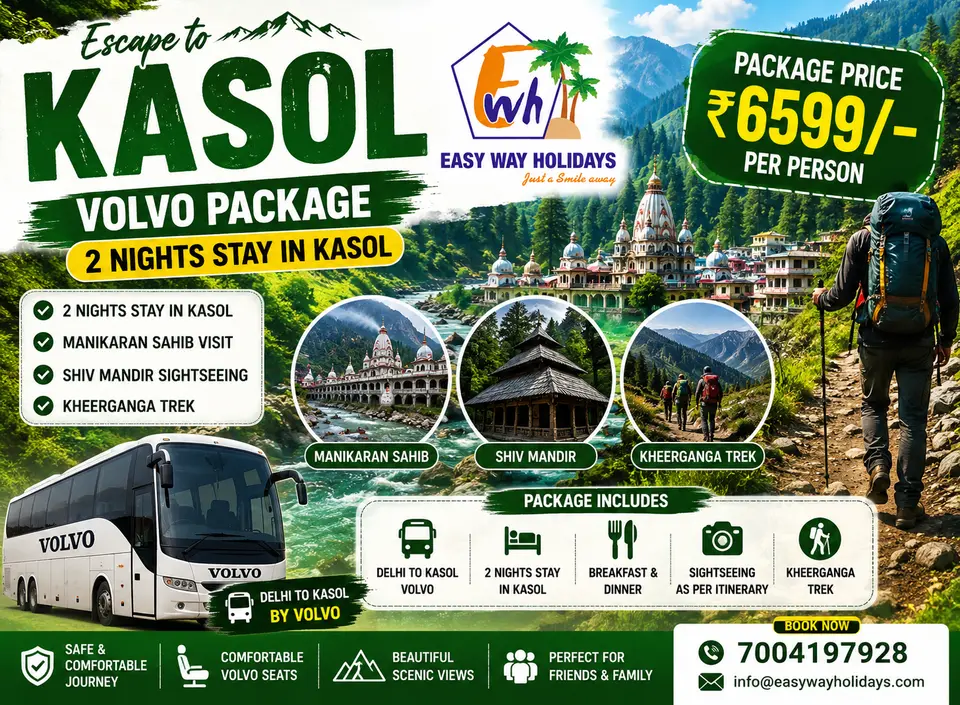 Kasol Volvo tour package poster with accommodation and sightseeing highlights