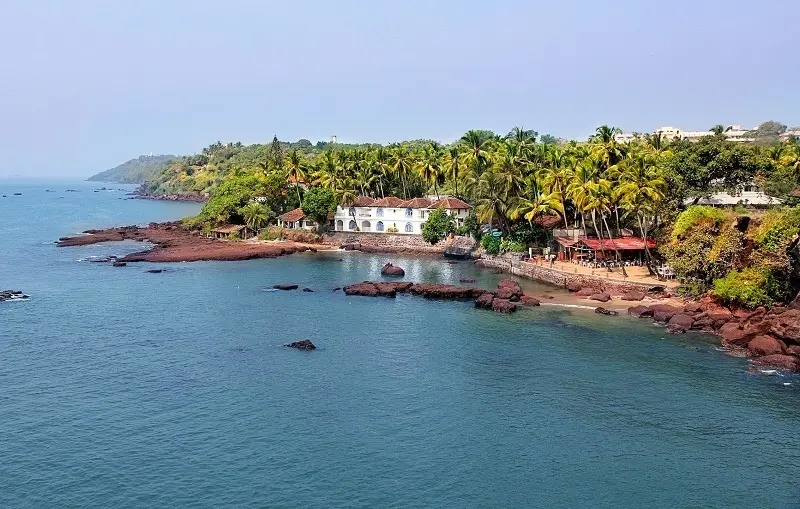 Dona Paula coastline with palm trees and waterfront buildings in Goa