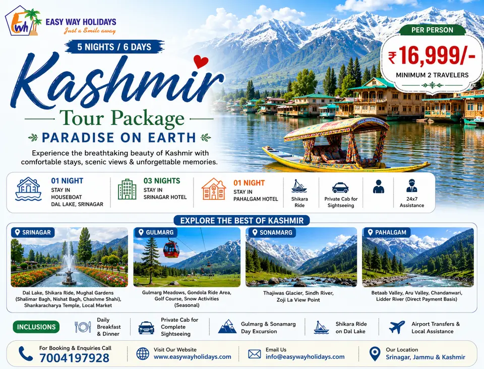 Kashmir tour package with Dal Lake houseboat, shikara ride, snow-capped mountains, Gulmarg, Sonamarg and Pahalgam sightseeing
