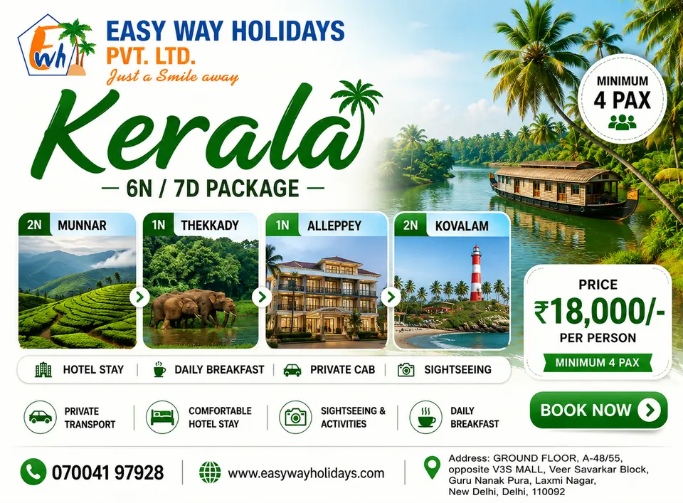 Kerala 6 Nights 7 Days Tour Package with Munnar, Thekkady, Alleppey Hotel Stay and Kovalam by Easy Way Holidays