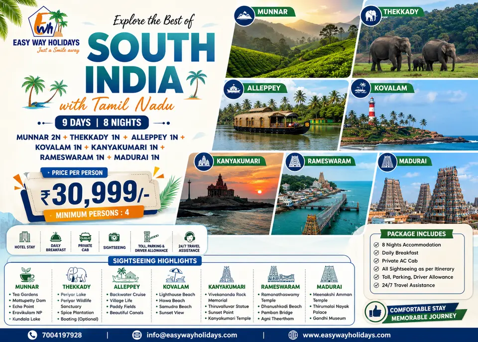 Kerala & Tamil Nadu 9 Days 8 Nights Tour Package featuring Munnar, Thekkady, Alleppey, Kovalam, Kanyakumari, Rameswaram and Madurai by Easy Way Holidays