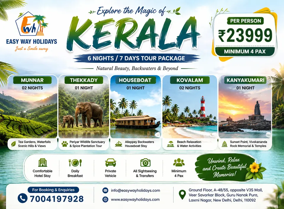 Kerala tour poster featuring hill stations, backwaters and sightseeing