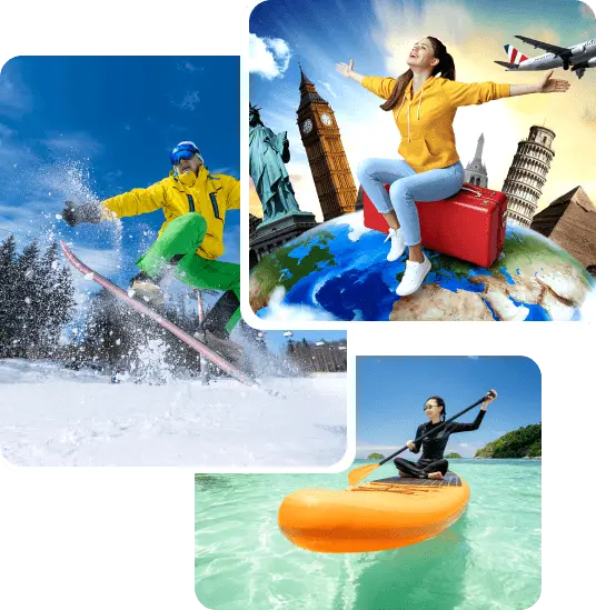 Travel collage with sightseeing landmarks, a suitcase and kayaking