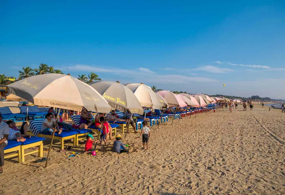 Beach umbrellas and sun loungers along the Goa shoreline