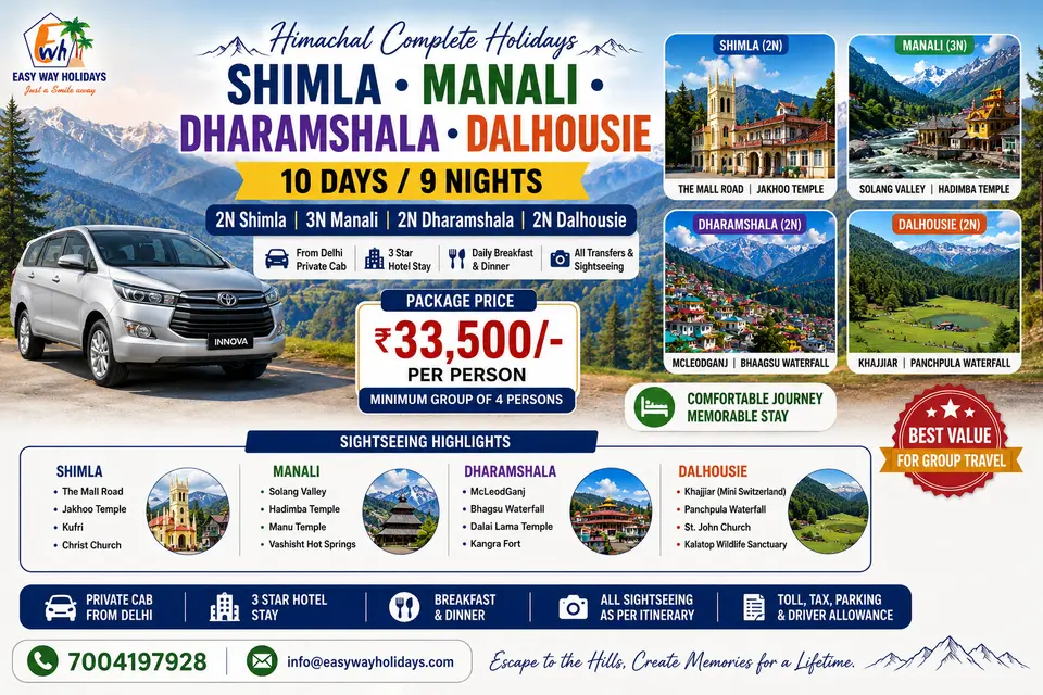9 Nights 10 Days Himachal Tour Package from Delhi by Private Cab