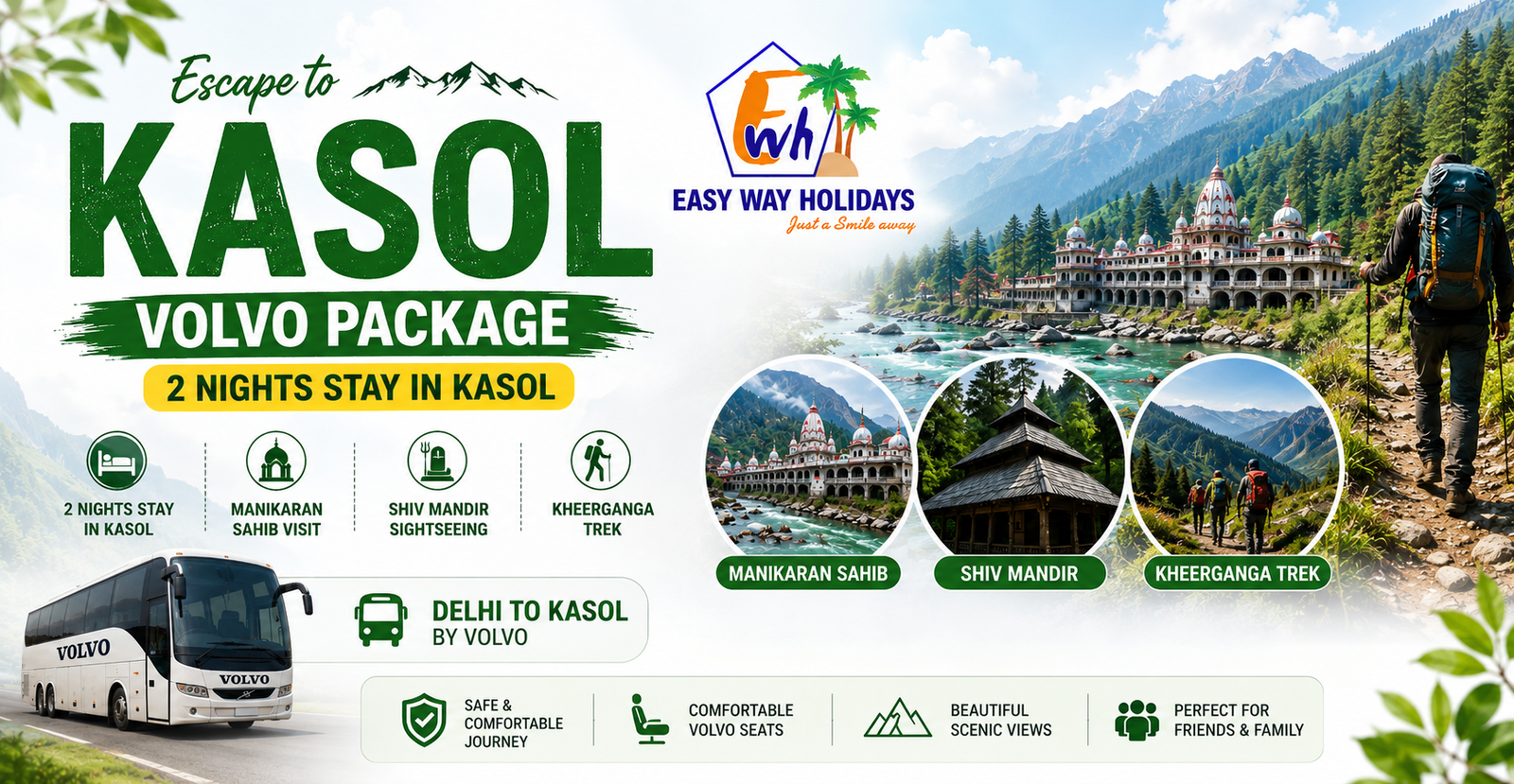 2 Night Kasol Package with Volvo Ex Delhi tour package banner