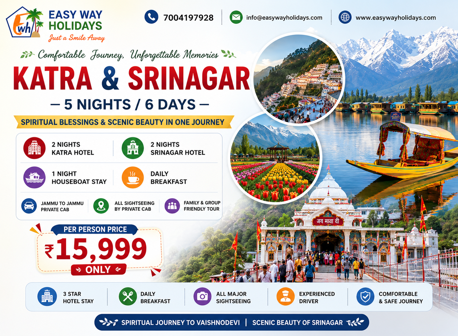 Katra Srinagar 5 Nights 6 Days tour package with Vaishno Devi Temple, Dal Lake houseboat, Shikara ride, Srinagar sightseeing and private cab from Jammu